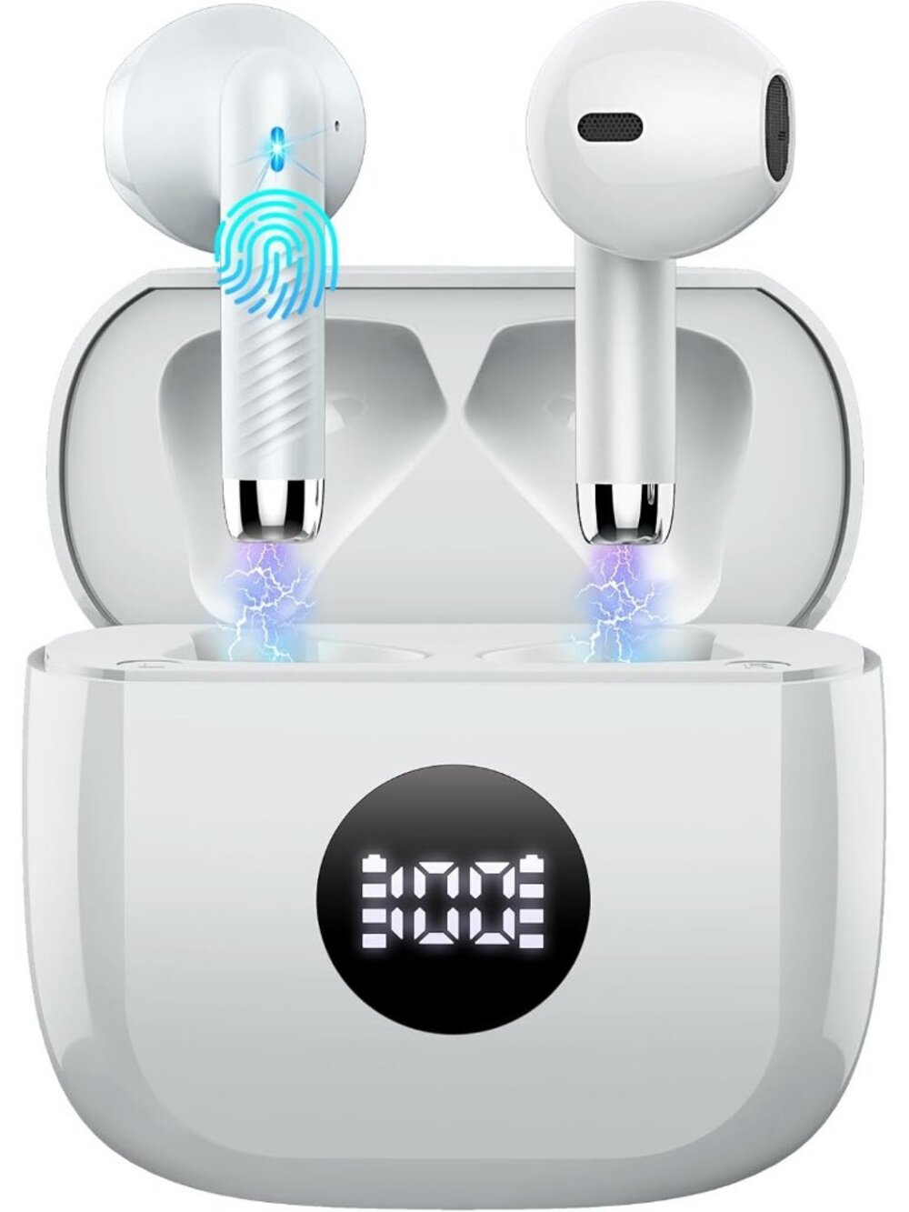 Wireless Light Grey LED Power Display Bass Stereo 40H Playback Bluetooth Earbud